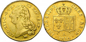 FRANCE, Royaume, Louis XVI (1774-1793), AV double louis d''or à la tête nue, 1792A, Paris. D/ T. nue à g., les cheveux longs. R/ Ecus accolés de Franc...