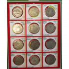 FRANCE, lot de 12 écus: Louis XIV, écu aux trois couronnes 1709T, Nantes (griffes); Louis XV, écu au bandeau 1747N, Montpellier; 1752D, Lyon; 1764L (g...