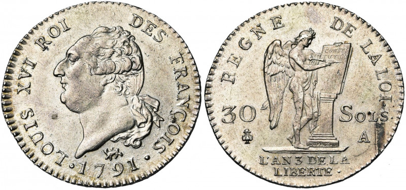 FRANCE, Constitution (1791-1792), AR 30 sols, 1791A, an 3, Paris. Type FRANCOIS....
