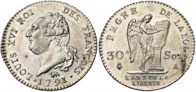 FRANCE, Constitution (1791-1792), AR 30 sols, 1791A, an 3, Paris. Type FRANCOIS. D/ T. nue à g., les cheveux noués par un ruban. R/ Génie inscrivant l...
