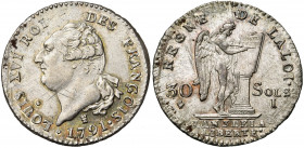 FRANCE, Constitution (1791-1792), AR 30 sols, 1791I, an 3, Limoges. Type FRANCOIS. D/ T. nue à g., les cheveux noués par un ruban. R/ Génie inscrivant...