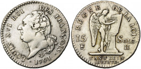 FRANCE, Constitution (1791-1792), AR 15 sols, 1791H, an 3, La Rochelle. Type FRANCOIS. D/ T. nue à g., les cheveux noués par un ruban. R/ Génie inscri...