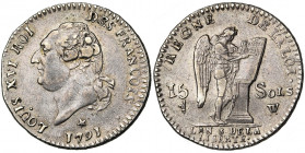 FRANCE, Constitution (1791-1792), AR 15 sols, 1791W, an 3, Lille. 2e semestre. Petit W. D/ T. nue à g., les cheveux noués par un ruban. R/ Génie inscr...