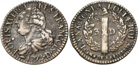 FRANCE, Constitution (1791-1792), Cu 3 deniers, 1792D, an 4, Lyon. 2e semestre. Type FRANCOIS. D/ B. dr. à g. R/ Faisceau dans une couronne de chêne. ...