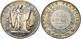 FRANCE, Convention (1792-1795), AR écu de six livres, 1793A, an 2, Paris. D/ Génie deb. à d., inscrivant la constitution sur une table. A g., un faisc...