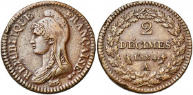 FRANCE, Directoire (1795-1799), Cu 2 décimes, an 4A, Paris. Gad. 300. Coup sur la tranche.
Très Beau (Very Fine)
