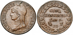 FRANCE, Directoire (1795-1799), Cu 5 centimes, an 5BB, Strasbourg. Gad. 126. Fines craquelures du flan.
Superbe (Extremely Fine)