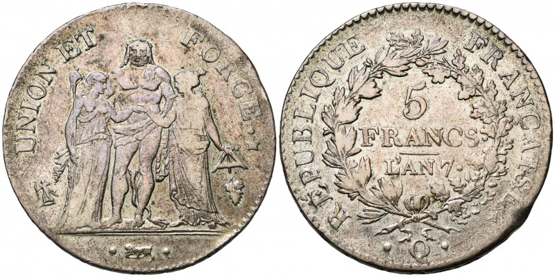 FRANCE, Directoire (1795-1799), AR 5 francs, an 7Q, Perpignan. Union et Force. G...