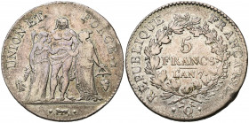 FRANCE, Directoire (1795-1799), AR 5 francs, an 7Q, Perpignan. Union et Force. Gad. 563. Coup sur la tranche.
presque Très Beau (about Very Fine)
