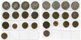 FRANCE, Directoire (1795-1799), lot de 13 p.: 5 francs, an 4A, an 5A, an 6A, an 8Q (Union et Force); 2 décimes, an 5A; 1 décime, an 4A (contremarqué s...