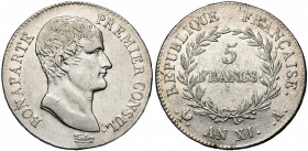 FRANCE, Consulat (1799-1804), AR 5 francs, an XIA, Paris. Bonaparte Premier Consul. Gad. 577. Nettoyé.
Très Beau (Very Fine )