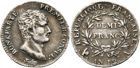 FRANCE, Consulat (1799-1804), AR demi-franc, an 12A, Paris. Gad. 394. Petits coups. Patine foncée.
Très Beau à Superbe (Very Fine - Extremely Fine)...