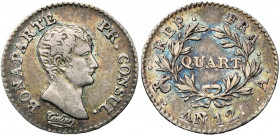 FRANCE, Consulat (1799-1804), AR quart de franc, an 12A, Paris. Gad. 342. Belle patine.
Très Beau (Very Fine)