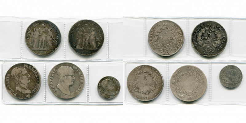 FRANCE, Consulat (1799-1804), lot de 5 p.: 5 francs, an 9L, an 11A (Union et For...