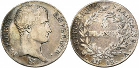FRANCE, Napoléon Ier (1804-1814), AR 5 francs, an 13A, Paris. Gad. 580.
Très Beau (Very Fine)
