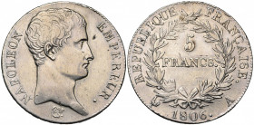 FRANCE, Napoléon Ier (1804-1814), AR 5 francs, 1806A, Paris. Tête nue. Gad. 581; Dav. 83. Nettoyé. Coup au droit.
Très Beau (Very Fine )