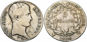 FRANCE, Napoléon Ier (1804-1814), AR 5 francs, 1806Q, Perpignan. Tête nue. Gad. 581. Rare.
Beau (Fine)