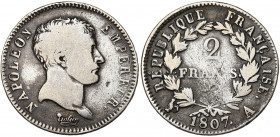 FRANCE, Napoléon Ier (1804-1814), AR 2 francs, 1807A, Paris. "Tête de nègre". Gad. 499. 8,13g Très rare Faux d''époque coulé, avec usure de circulatio...