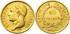 FRANCE, Napoléon Ier (1804-1814), AV 40 francs, 1808U, Turin. Tête laurée. Seulement 346 p. frappées. Gad. 1083; M. 19; Fr. 497. Extrêmement rare Peti...
