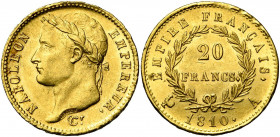 FRANCE, Napoléon Ier (1804-1814), AV 20 francs, 1810A, Paris. Grand coq. Gad. 1025. Petits coups.
Superbe (Extremely Fine)