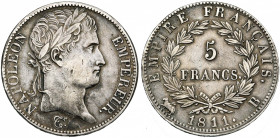 FRANCE, Napoléon Ier (1804-1814), AR 5 francs, 1811B, Rouen. Gad. 584.
Très Beau (Very Fine)