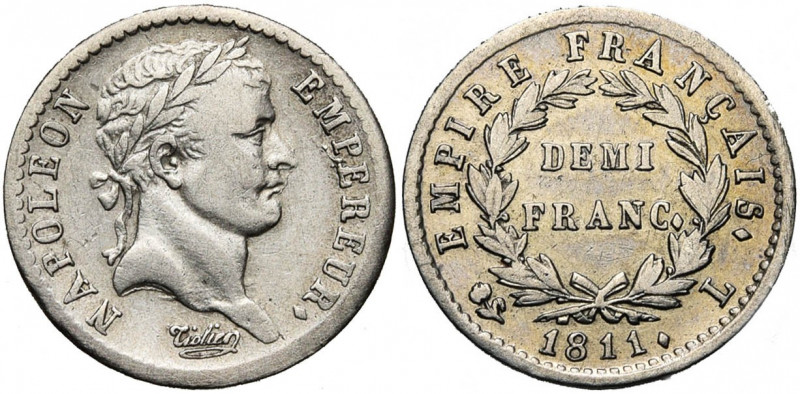 FRANCE, Napoléon Ier (1804-1814), AR demi-franc, 1811L, Bayonne. Gad. 399. Rare ...