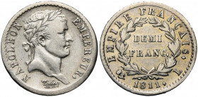 FRANCE, Napoléon Ier (1804-1814), AR demi-franc, 1811L, Bayonne. Gad. 399. Rare Nettoyé.
Très Beau (Very Fine)