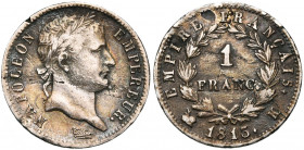 FRANCE, Napoléon Ier (1804-1814), AR 1 franc, 1813K, Bordeaux. Gad. 447. Défauts de flan. Petit coup sur la tranche.
presque Très Beau (about Very Fi...