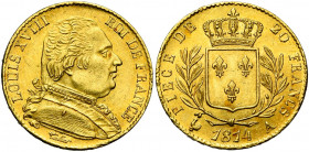 FRANCE, Louis XVIII, première restauration (1814-1815), AV 20 francs, 1814A, Paris. Chiffre 4 court. Gad. 1026; Fr. 525. Petites griffes. Belle patine...