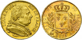 FRANCE, Louis XVIII, première restauration (1814-1815), AV 20 francs, 1815A, Paris. Gad. 1026; Fr. 525. Petites taches et belle patine colorée au reve...