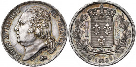 FRANCE, Louis XVIII, seconde restauration (1815-1824), AR 1 franc, 1816A, Paris. Gad. 449. Petits coups sur la tranche. Belle patine.
presque Superbe...