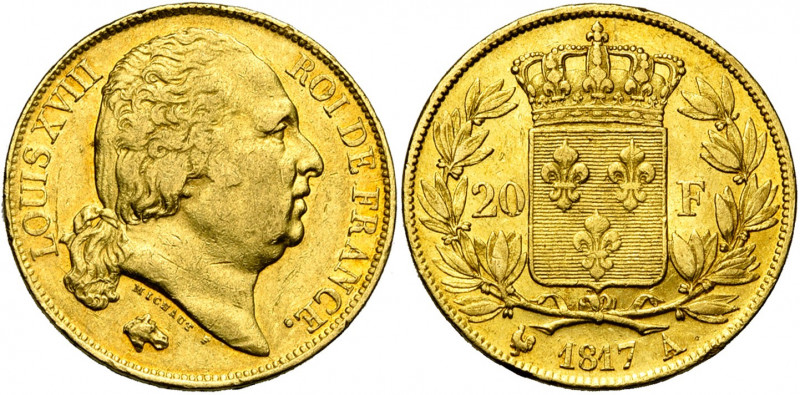 FRANCE, Louis XVIII, seconde restauration (1815-1824), AV 20 francs, 1817A, Pari...