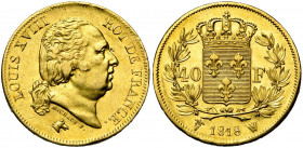 FRANCE, Louis XVIII, seconde restauration (1815-1824), AV 40 francs, 1818W, Lille. Gad. 1092; Fr. 536. Fines griffes.
Très Beau à Superbe (Very Fine ...