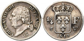 FRANCE, Louis XVIII, seconde restauration (1815-1824), AR 1/4 franc, 1819W, Lille. 3.170 p. frappées. Gad. 352. Très rare Fines griffes.
Très Beau (V...