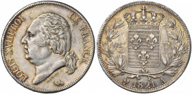 FRANCE, Louis XVIII, seconde restauration (1815-1824), AR 5 francs, 1821A, Paris. Gad. 614. Petits coups. Belle patine.
presque Superbe (about Extrem...
