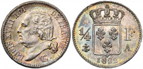 FRANCE, Louis XVIII, seconde restauration (1815-1824), AR 1/4 franc, 1822A, Paris. Gad. 352. Petit coup sur la tranche. Belle patine.
Superbe (Extrem...