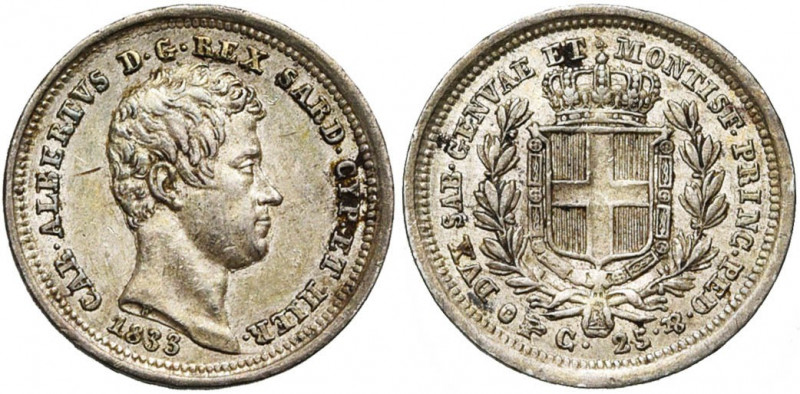 ITALIE, SAVOIE et SARDAIGNE, Charles Albert (1831-1849), AR 25 centesimi, 1833P,...