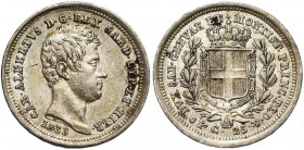 ITALIE, SAVOIE et SARDAIGNE, Charles Albert (1831-1849), AR 25 centesimi, 1833P, Turin. M. 206; G. 156. Belle patine.
Très Beau à Superbe (Very Fine ...