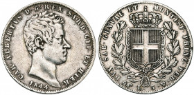 ITALIE, SAVOIE et SARDAIGNE, Charles Albert (1831-1849), AR 5 lire, 1844P, Turin. M. 130; G. 80.
presque Très Beau (about Very Fine)