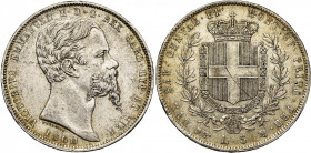 ITALIE, SAVOIE et SARDAIGNE, Victor Emmanuel II (1849-1861), AR 5 lire, 1860B, Turin. M. 60; G. 49. Rare Griffe au revers. Coups sur la tranche.
Très...