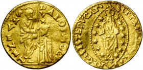 ITALIE, VENISE, Alvise Mocenigo Ier (1570-1577), AV zecchino. D/ Le doge agenouillé devant saint Marc qui lui remet une bannière. R/ Le Christ bénissa...