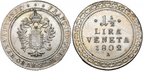 ITALIE, VENISE, François II d''Autriche (1798-1805), AR 1 1/2 lira, 1802A, Vienne. Her. 576; Jaeckel 144; M. 13. Griffes au revers.
Très Beau (Very F...