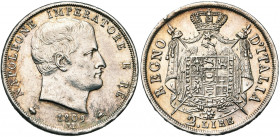 ITALIE, Royaume, Napoléon Ier (1804-1814), AR 2 lire, 1809M, Milan. M. 237; G. 129. Petits coups.
Très Beau à Superbe (Very Fine - Extremely Fine)