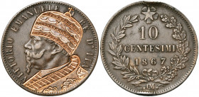 ITALIE, Royaume, Victor Emmanuel II (1861-1878), Cu 10 centesimi, 1867, Strasbourg. Satirique: regravé avec tiare et chape pontificales. Coup sur la t...