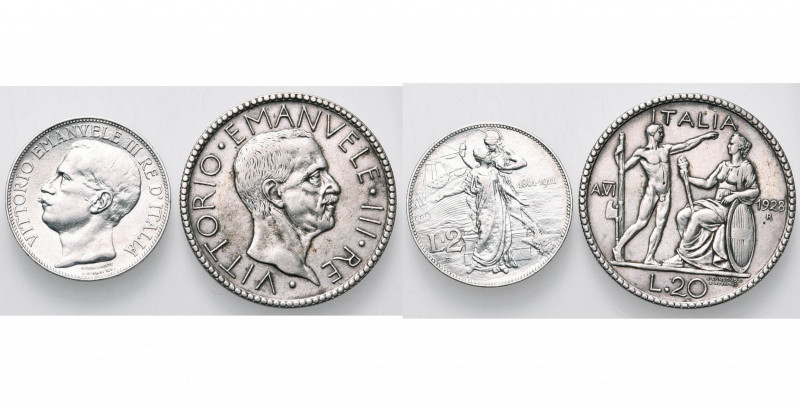 ITALIE, Royaume, Victor Emmanuel III (1900-1943), lot de 2 p.: 2 lire 1911, 50e ...