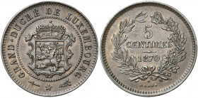 LUXEMBOURG, Guillaume III (1849-1890), Cu 5 centimes, 1870. Avec point au-dessus de la signature. Weiller 256b; Probst L265-4.
Superbe à Fleur de Coi...