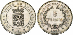 LUXEMBOURG, Régence d''Adolphe de Nassau (1889-1890), 5 francs, 1889, Bruxelles. Essai en argent. Tranche cannelée. Seulement 50 p. frappées. Probst L...