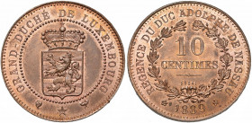 LUXEMBOURG, Régence d''Adolphe de Nassau (1889-1890), 10 centimes, 1889, Bruxelles. Essai en cuivre. Seulement 100 p. frappées. Probst L335-2. Rare.
...