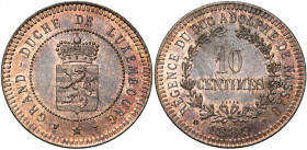 LUXEMBOURG, Régence d''Adolphe de Nassau (1889-1890), Cu 10 centimes, 1889. Essai en cuivre. Ecusson réduit. Seulement 50 p. frappées. Probst L335-3. ...