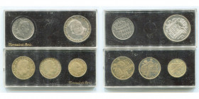 MONACO, Rainier III (1949-2005), série de 5 essais: 1 franc et 5 francs 1960; 10, 20 et 50 centimes 1962. Gad. 146, 147, 148, 150, 152. Présentés dans...